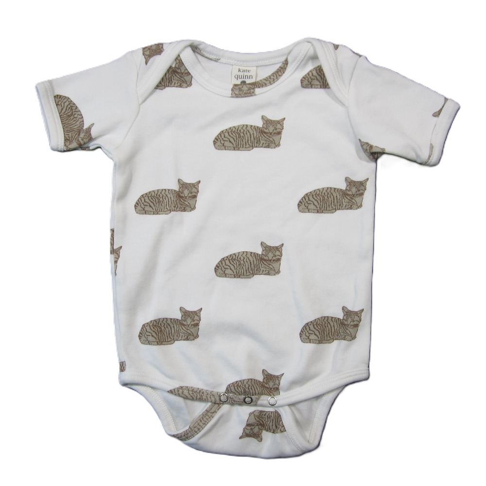 Kate Quinn Bodysuit Baby 6-12M White Brown Cats Snap Organic Cotton Cozy Cute